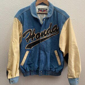 RARE 80s 90s Honda Jeff Hamilton Denim Leather Bomber Jacket Large Snap Button